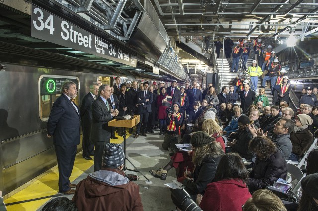 Michael Bloomberg "opening" the 7 train extension, which is still not actually open. Photo by the MTA's Patrick Cashin.