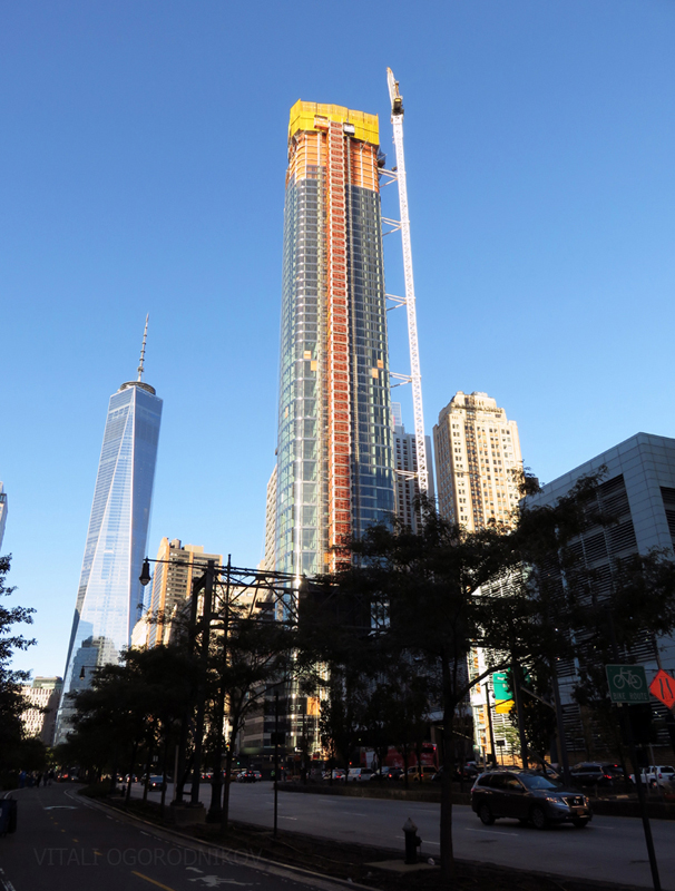 Looking north along West Street with One World Trade Center in the background