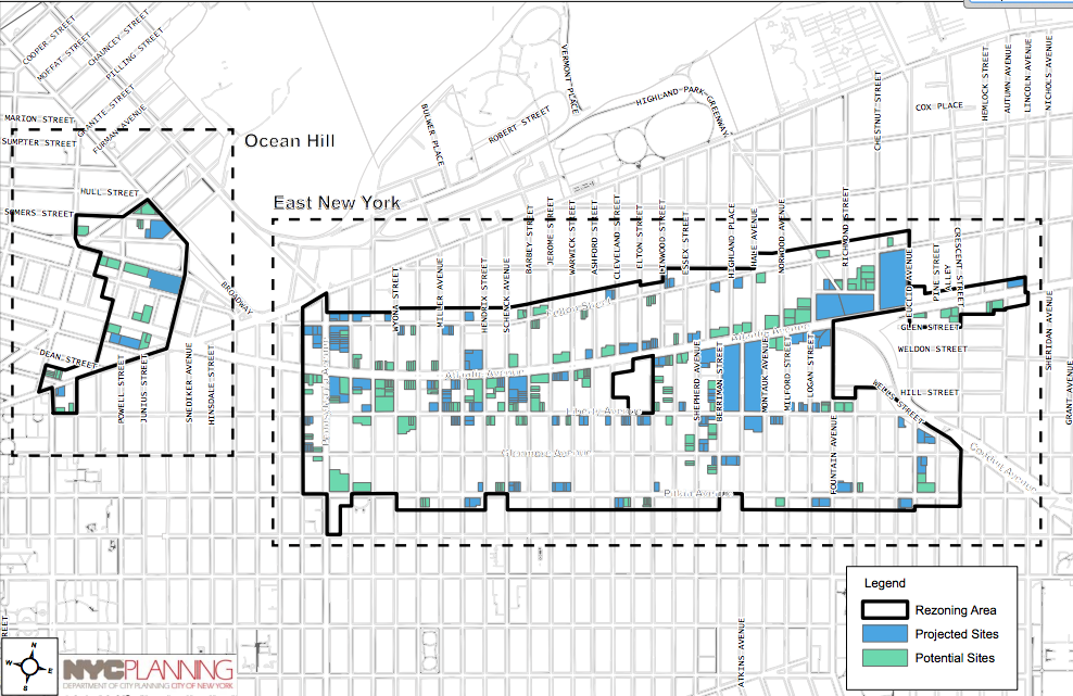 Potential development sites in East New York, image via DCP
