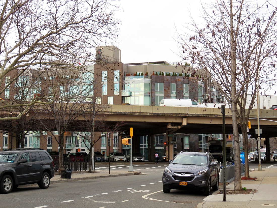 Looking from the intersection of Withers and Leonard towards the new plaza on the other side of the Brooklyn-Queens Expressway