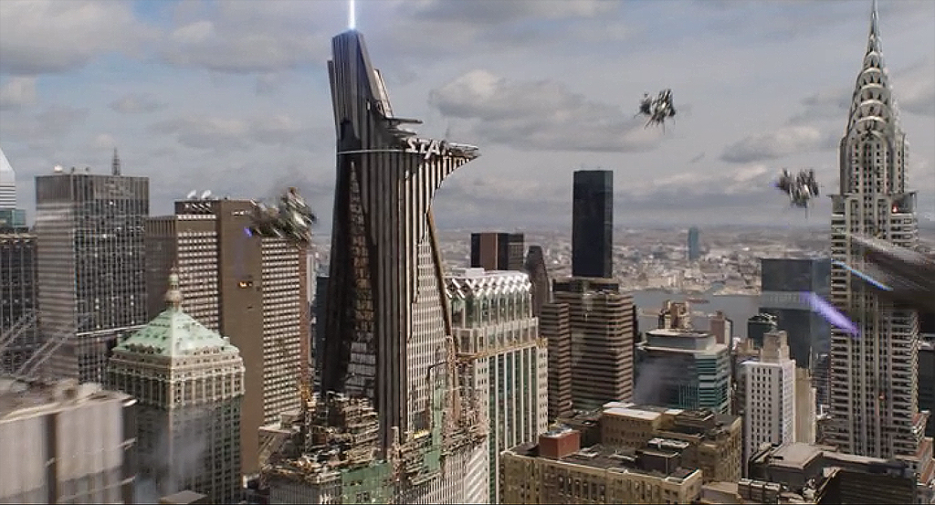 Stark Tower during the Battle of New York in "The Avengers"