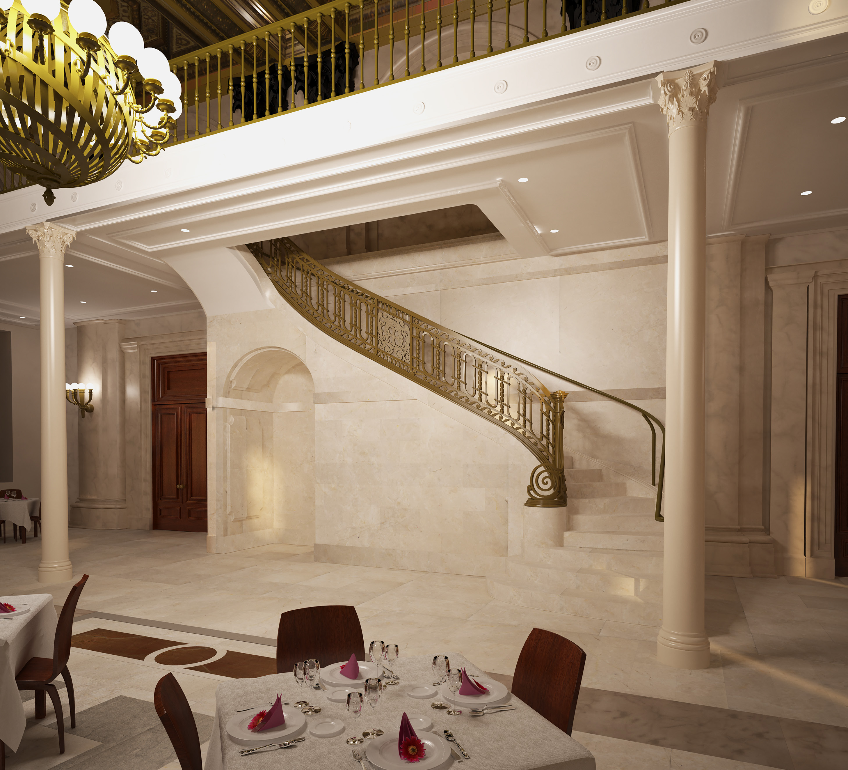 Close-up rendering of the stairs in the renovated banking hall at 346 Broadway