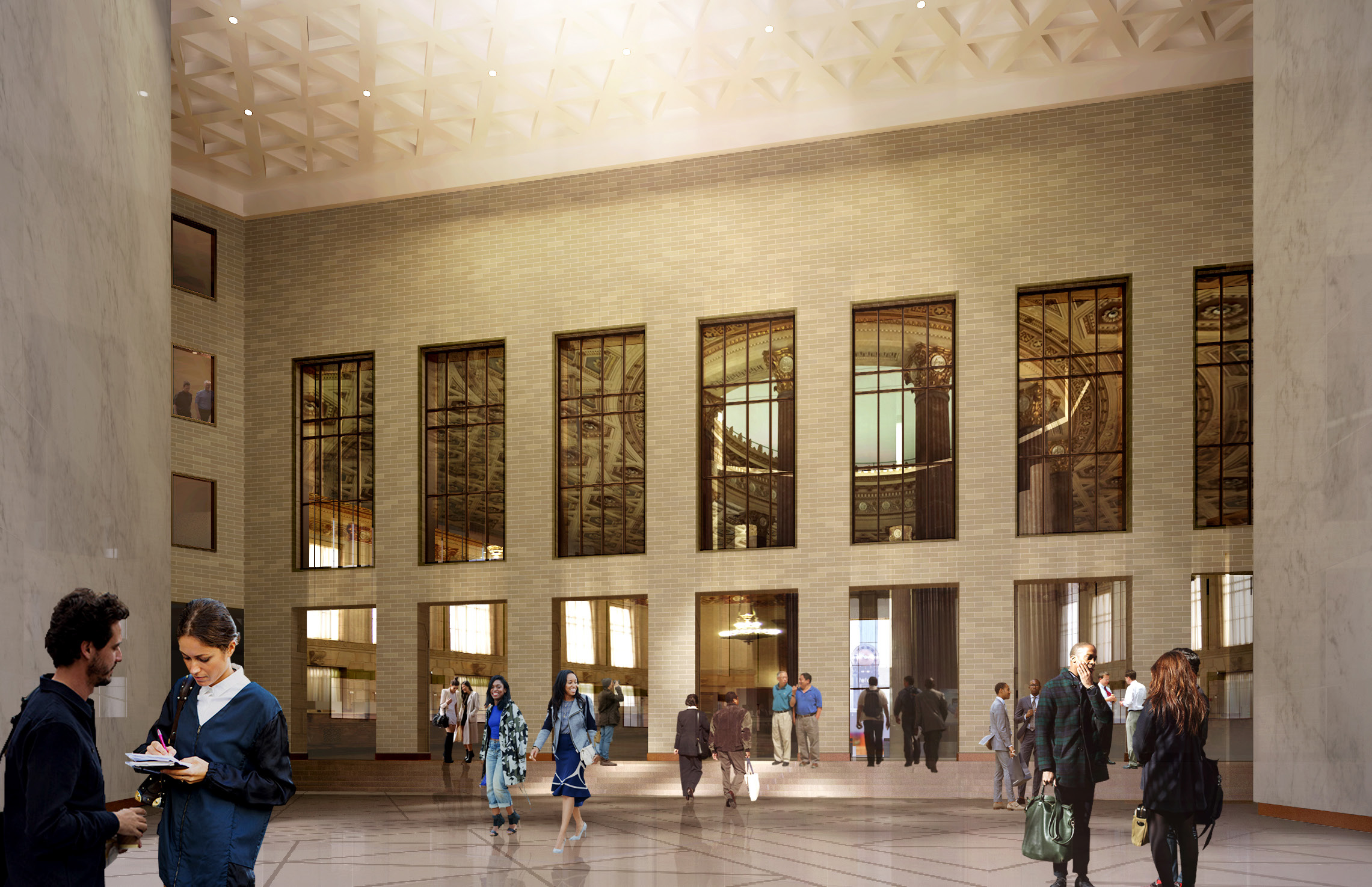 Rendering of the former Dime Savings Bank at 9 DeKalb Avenue as seen from the atrium at 340 Flatbush Avenue Extension. Credit: SHoP