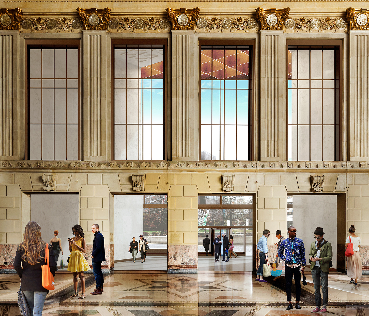 Rendering of the view from the Dime Savings Bank at 9 DeKalb Avenue looking to the atrium of 340 Flatbush Avenue Extension. Credit: SHoP