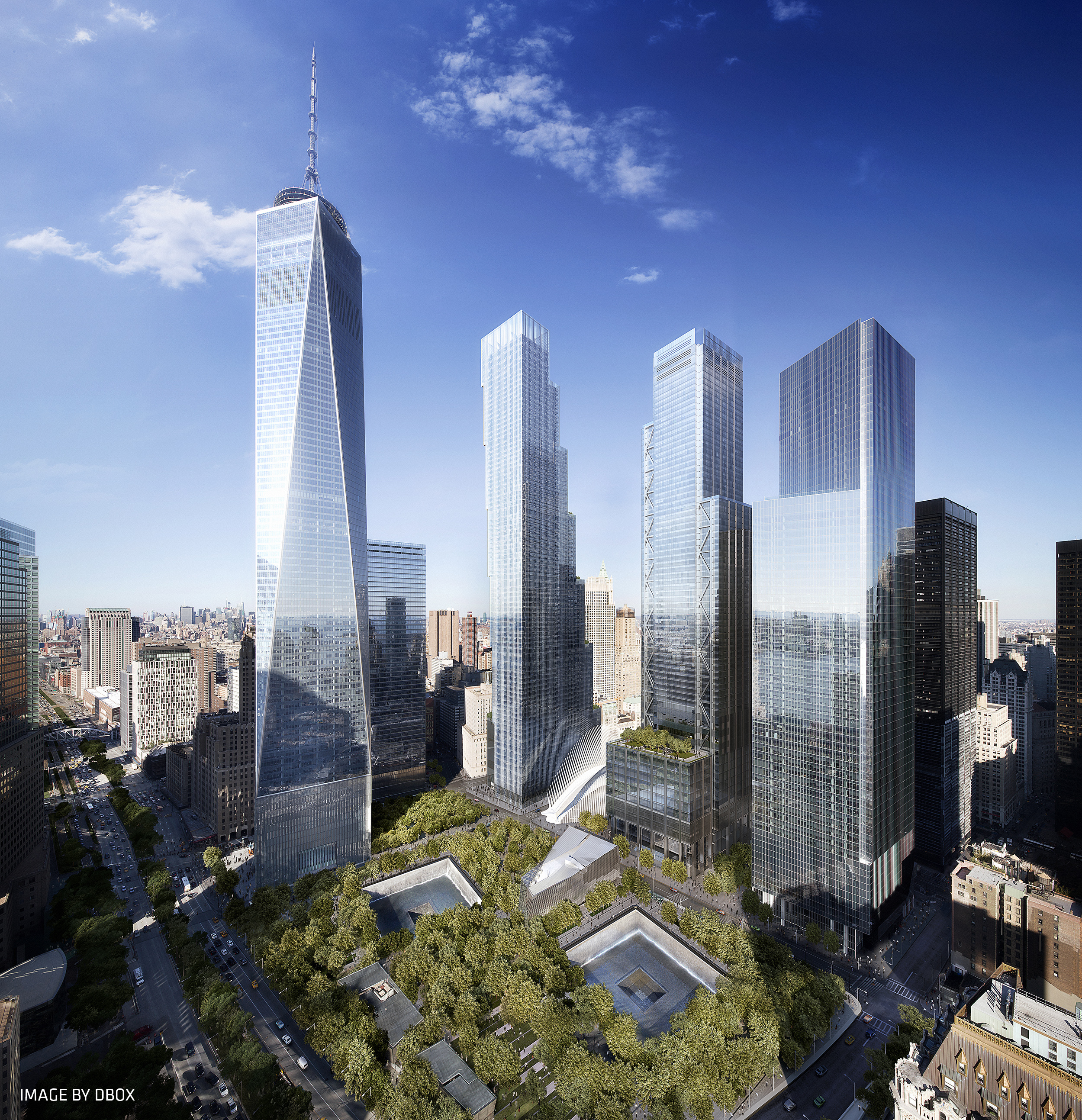 Rendering of the completed office towers of the World Trade Center. Credit: DBOX