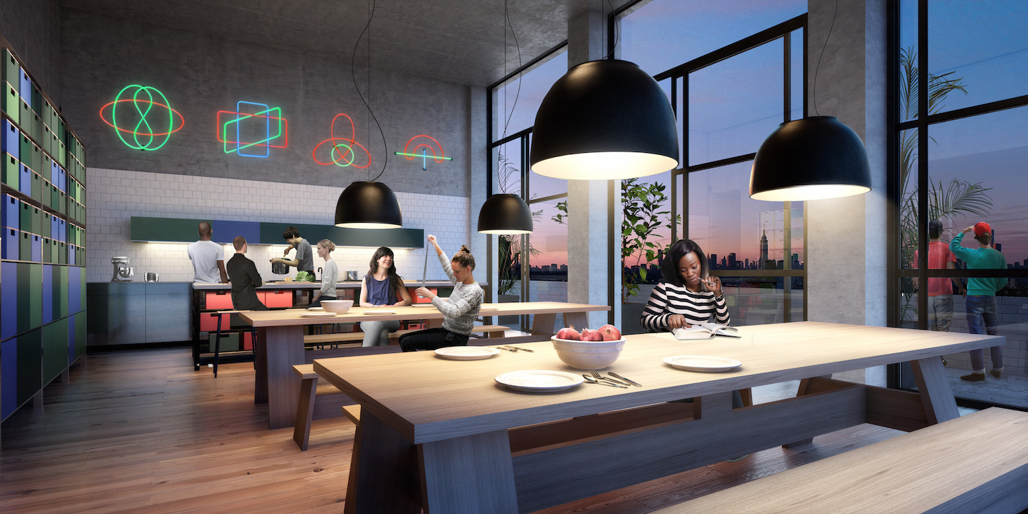 A communal kitchen at 292 North 8th Street, rendering by Macro Sea