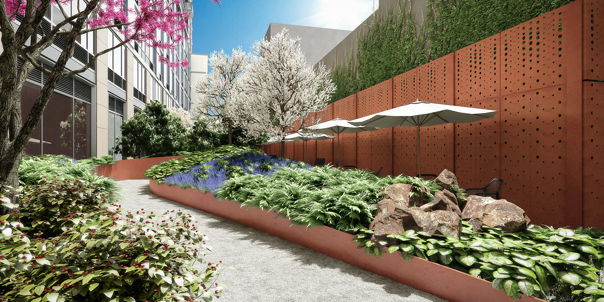 Zen garden at The Hayden. rendering via Rockrose Development