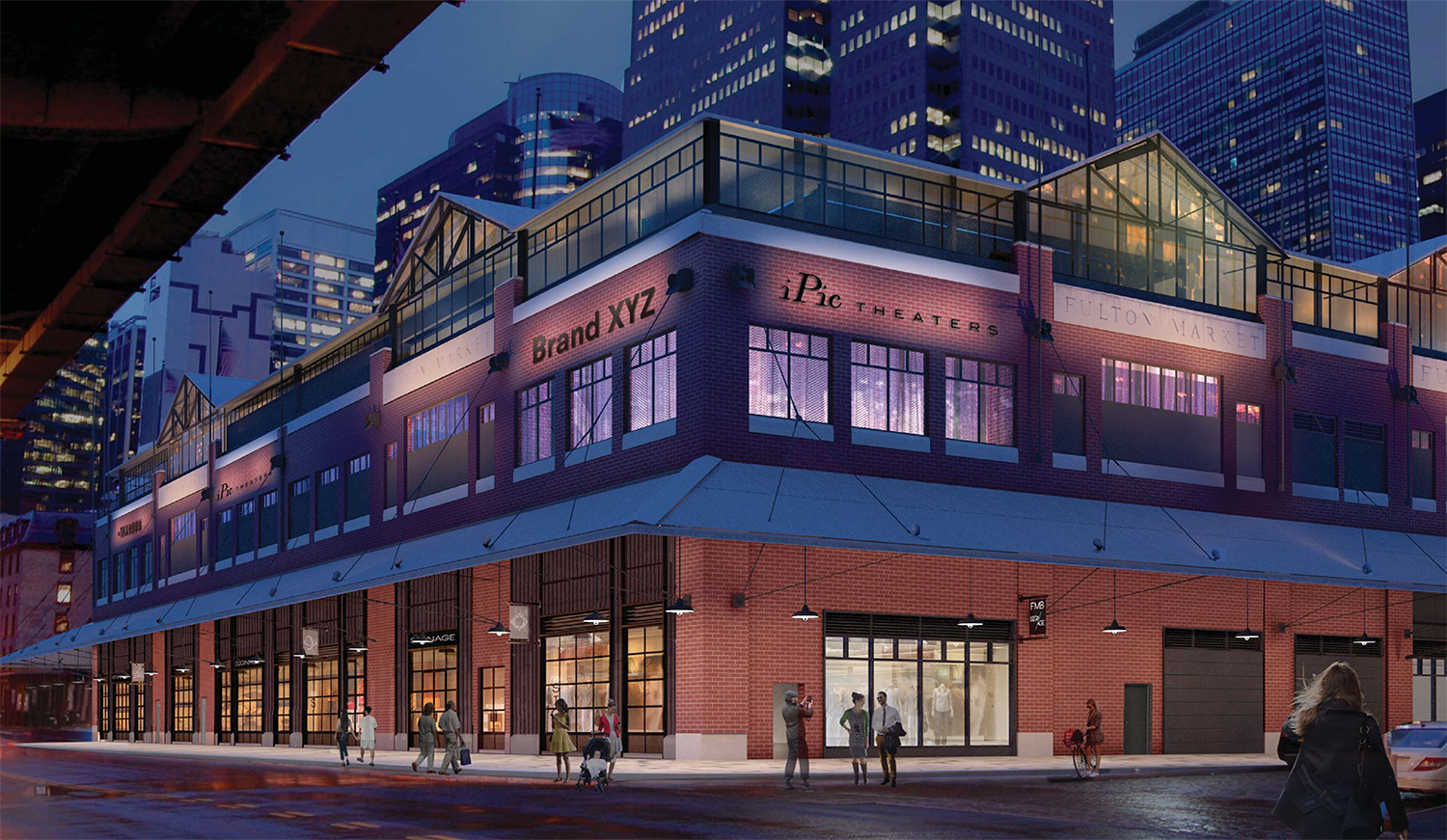 Proposal for Fulton Market Building, viewed from South and Beekman streets, night rendering