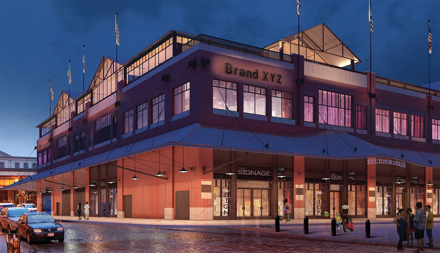 Proposal for Fulton Market Building, viewed from Beekman and Front streets, night rendering