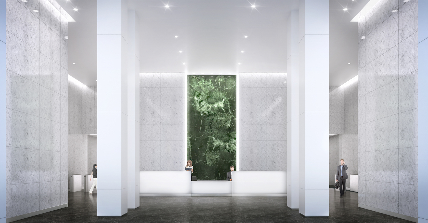 The lobby of 390 Madison Avenue. rendering via L&L Holding