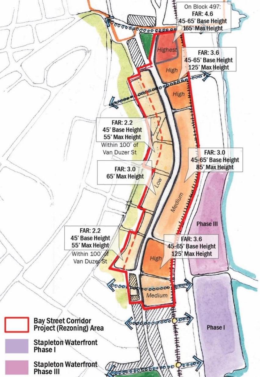 Map of the planned Bay Street corridor rezoning, via DCP