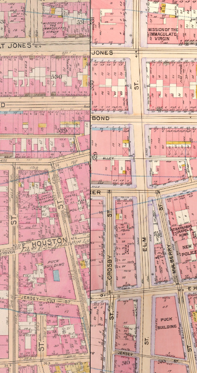 1897 Bromley Street Map and 1899 Bromley Street Map, showing the cut of what is now Lafayette Street