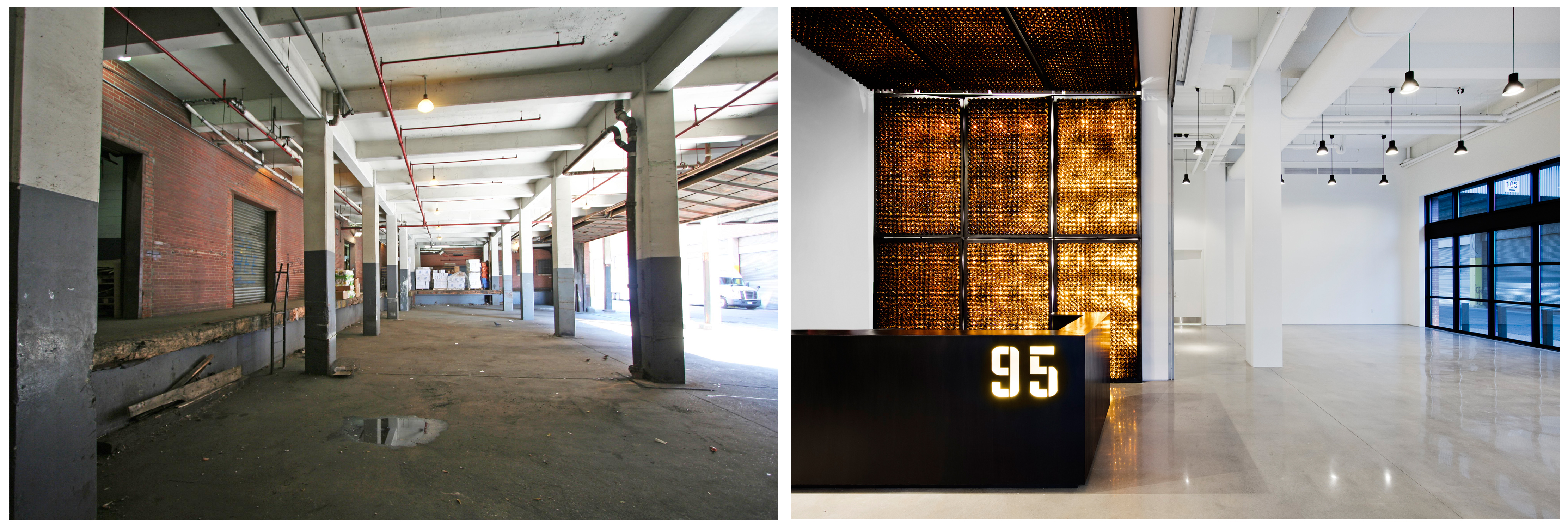 95 Evergreen Avenue, loading dock/lobby, pre-conversion and post-conversion. Photos by Connie Zhou