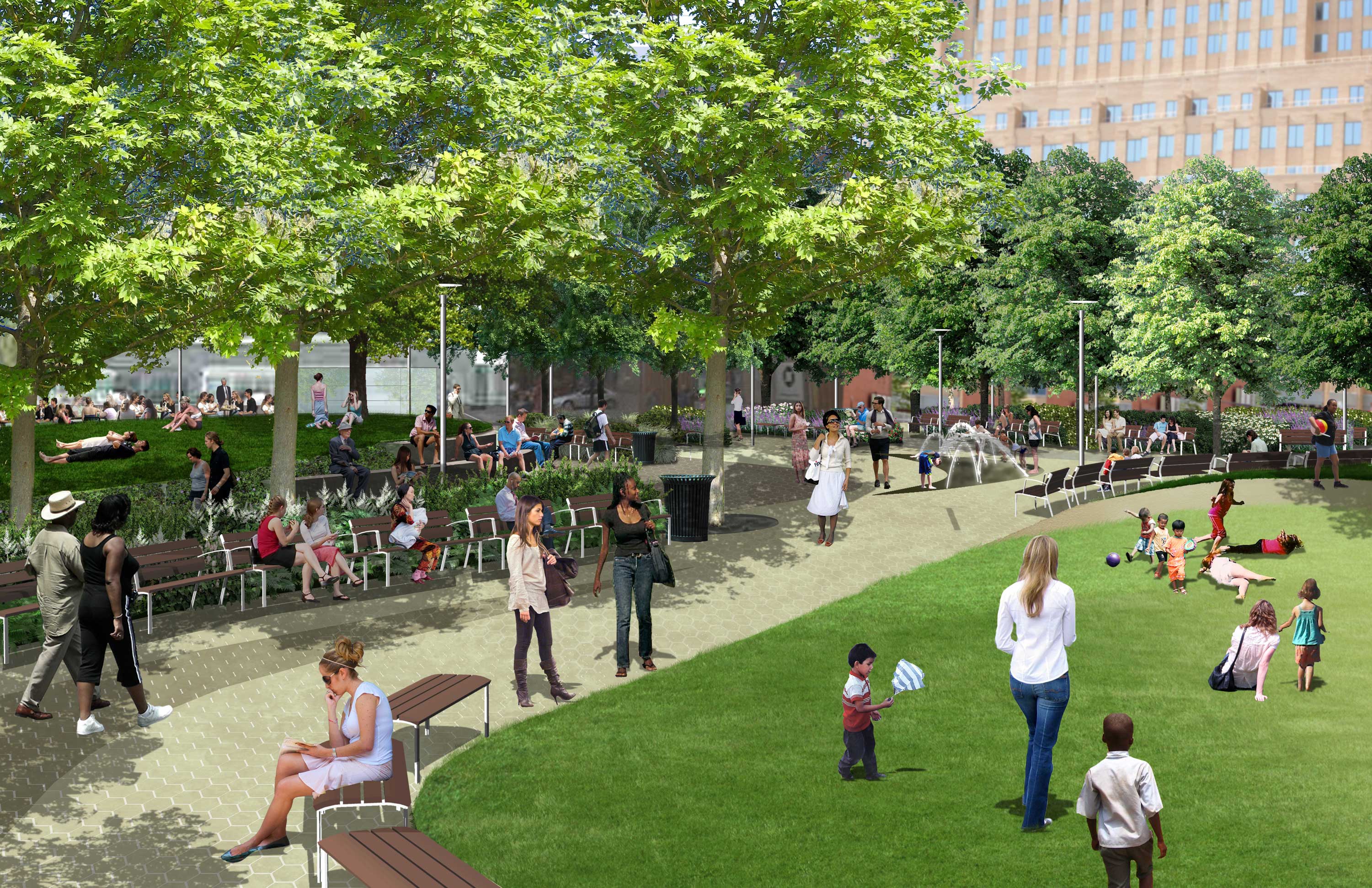 A rendering of Downtown Brooklyn's future green space, Willoughby Square. image via EDC