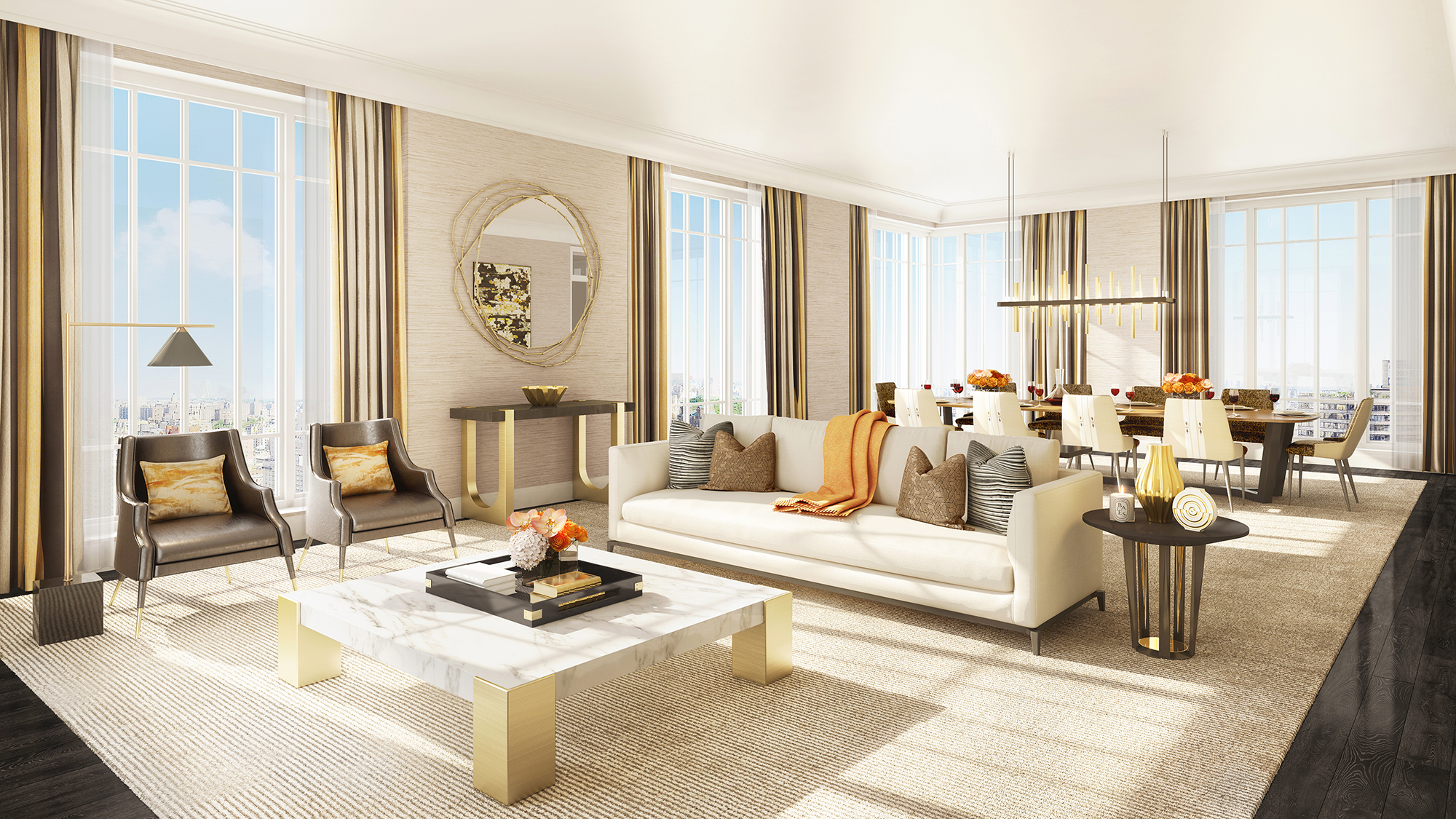 Rendering of a living room at The Kent, 200 East 95th Street
