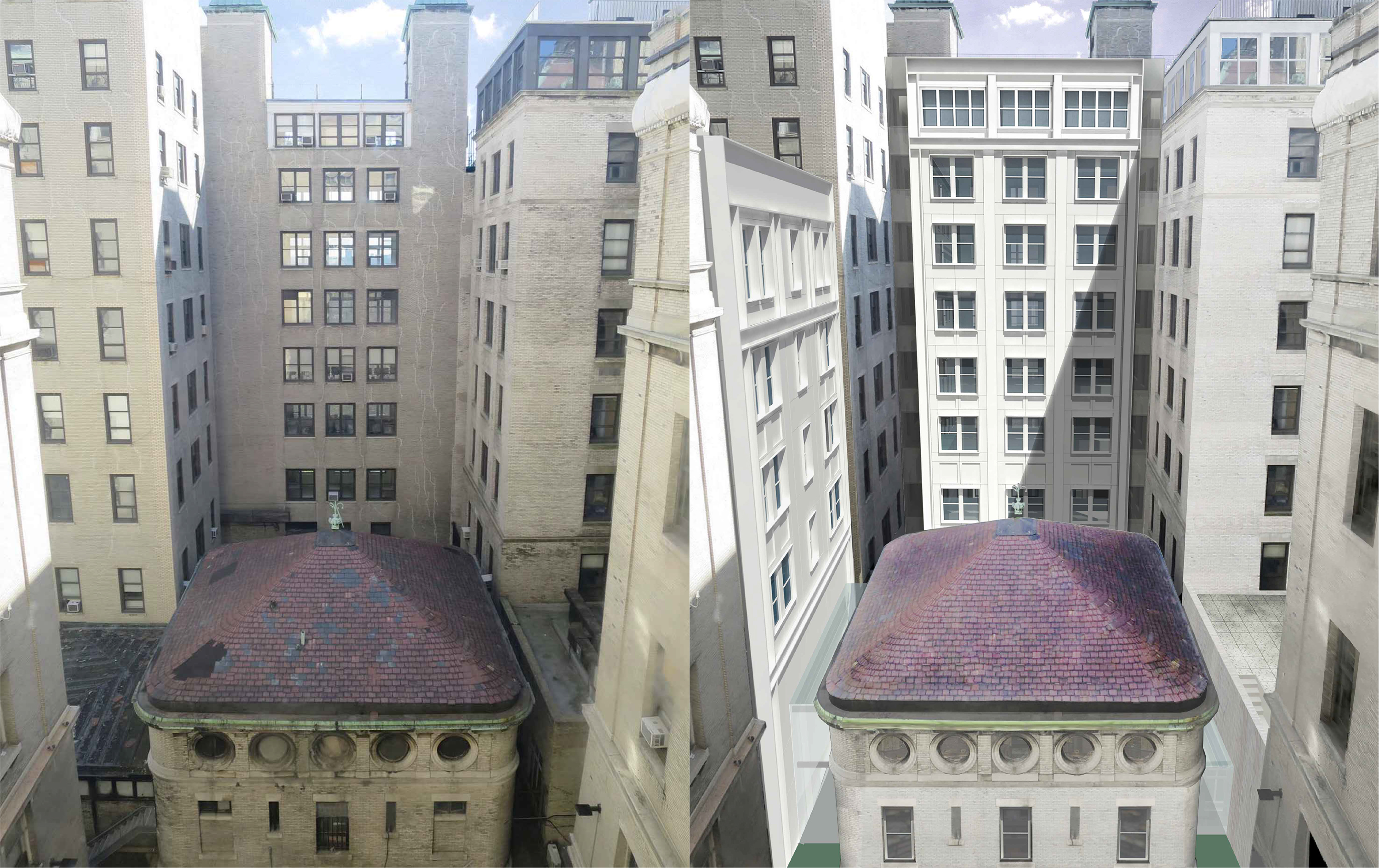 Existing conditions of interior courtyard and carriage house at 30 Morningside Drive (left) and rendering showing restored carriage house and infill between the Scrymser and Plant pavilions