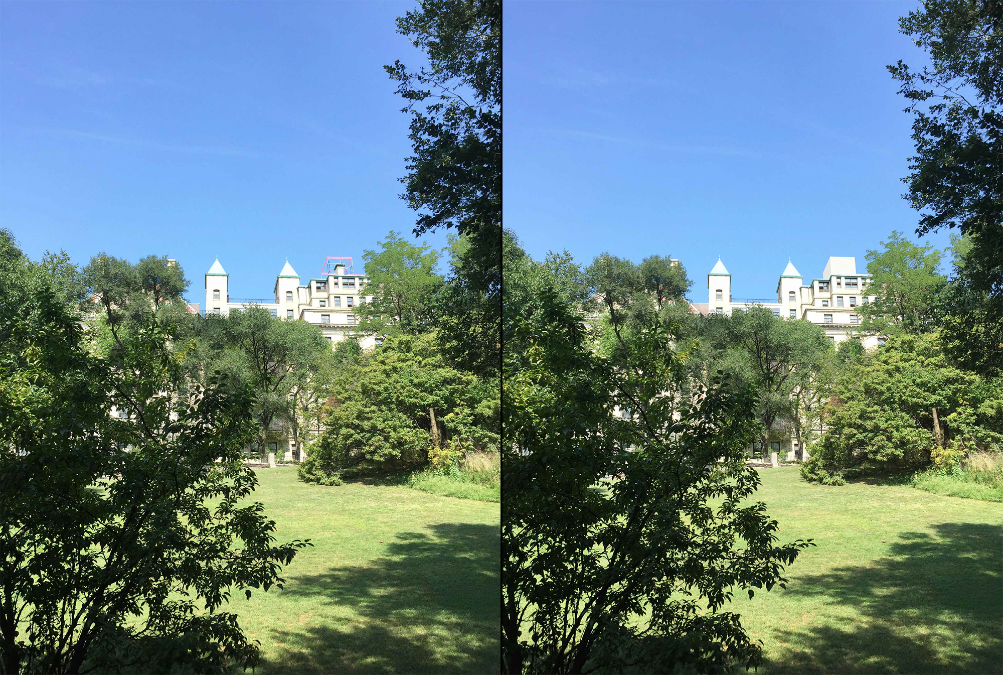 Existing conditions at 30 Morningside Drive as seen from Morningside Park (left) and rendered with bulkhead (right)