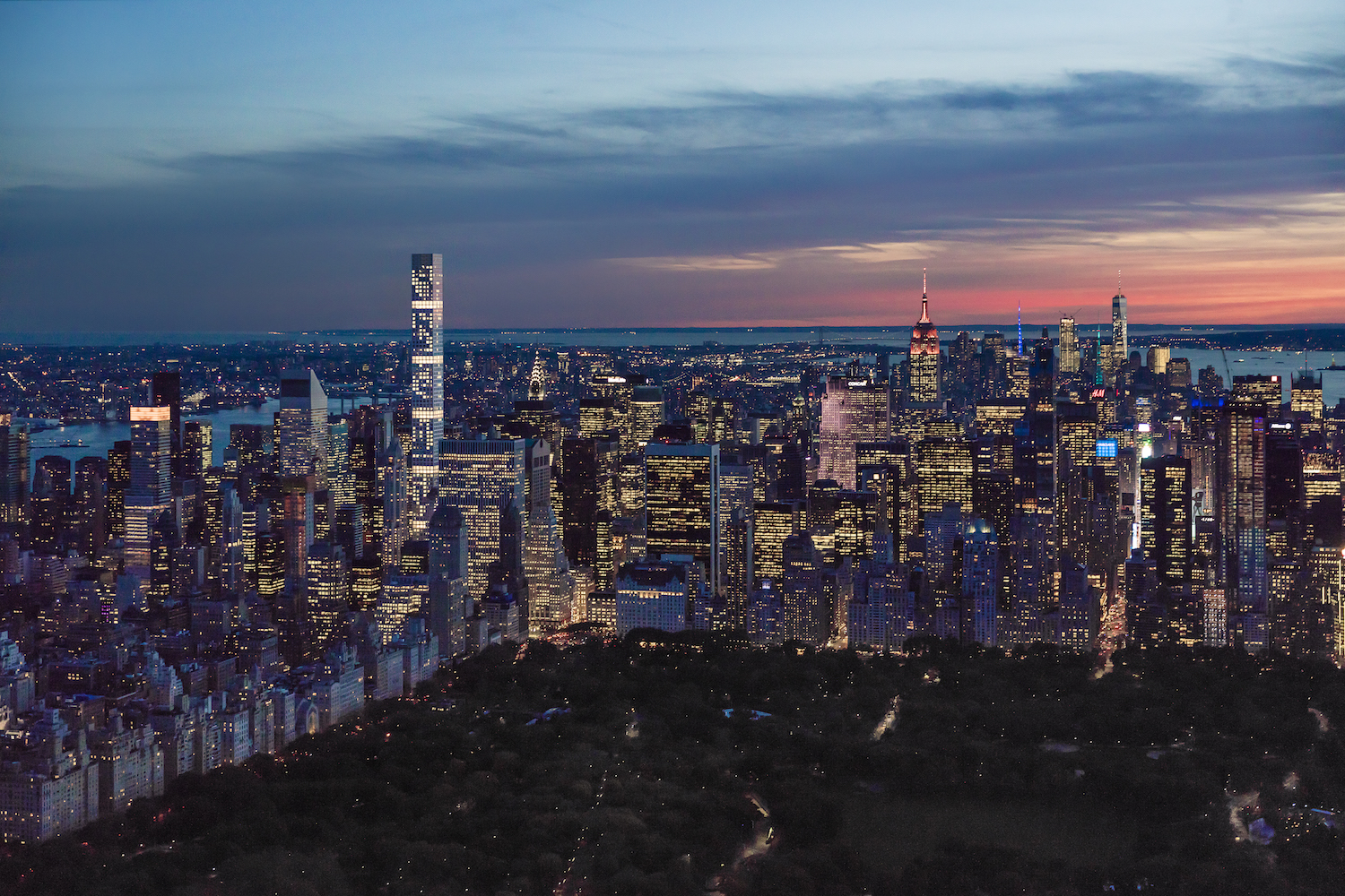 432 Park Avenue lit up from across Central Park. image by DBOX for CIM Group/Macklowe Properties