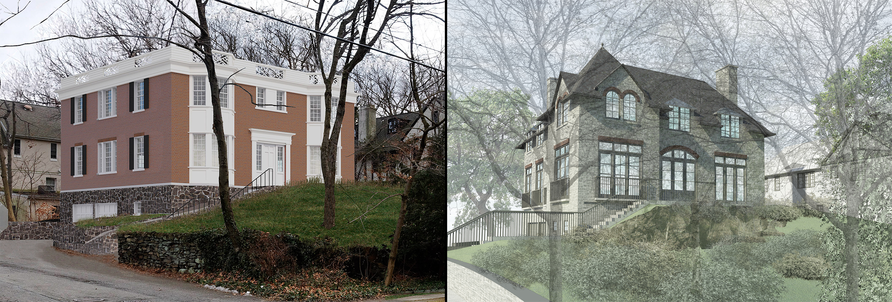Previous and revised proposals for new house no. 3, as viewed from Fieldston Road