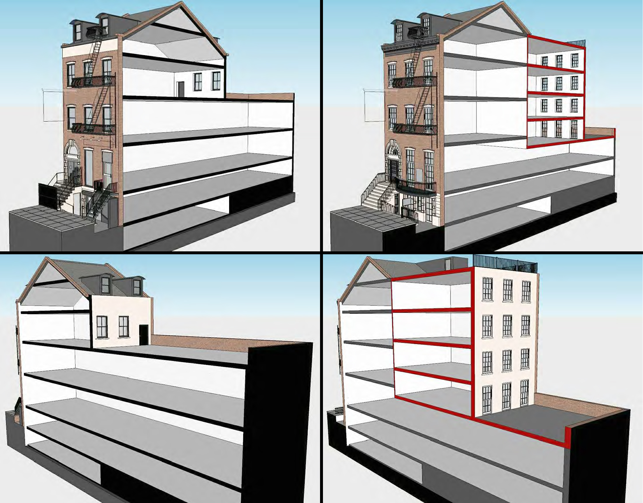 Sectioned renderings of the Hamilton-Holly House at 4 St. Mark's Place, existing and proposed