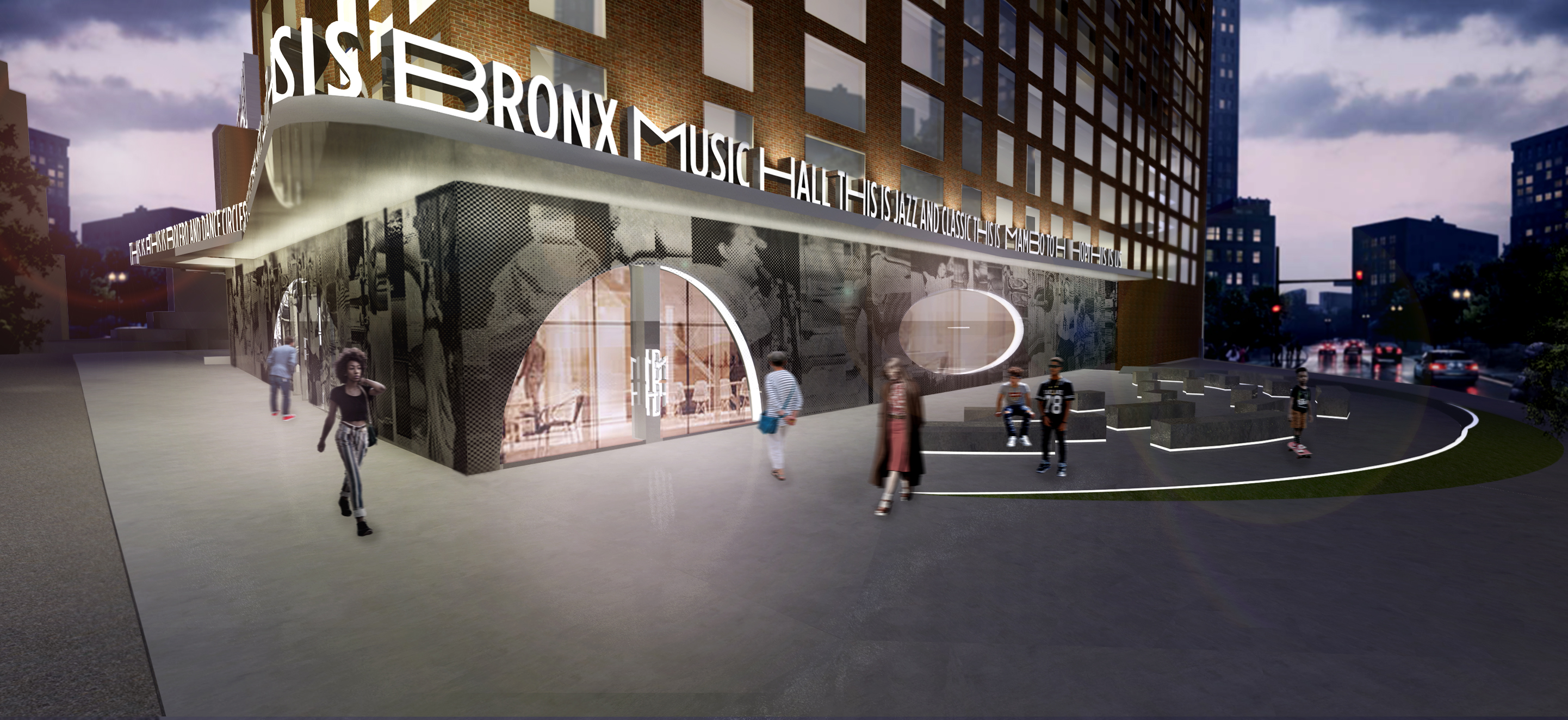 Rendering of Bronx Music Hall exterior. Credit: WXY and Local Projects