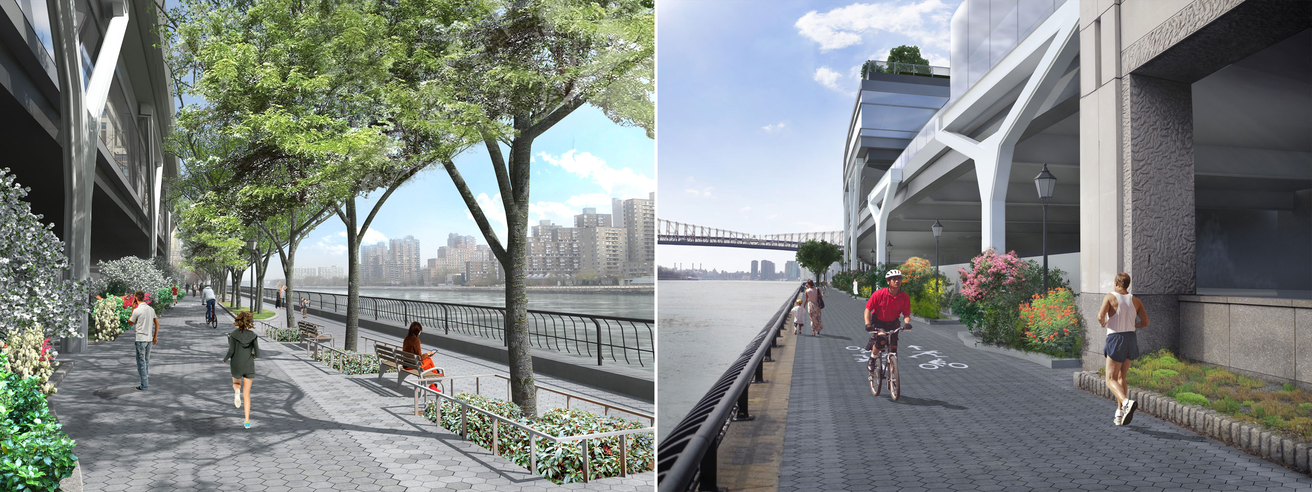 Renderings of the East River Esplanade, facing north and south, following the expansion of Rockefeller University. Credit: Rockefeller University.