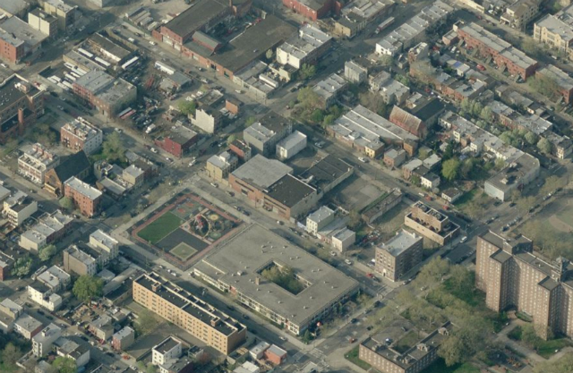 King & Sullivan Townhouses (low-slung warehouse at center), image from Bing Maps