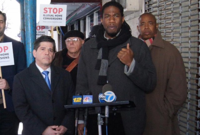 Vincent Gentile (left), Jumaane Williams (middle), and Eric Adams (right) announce legislation to crack down on illegal home conversions. Photo by Ernest Skinner, NYC Council.