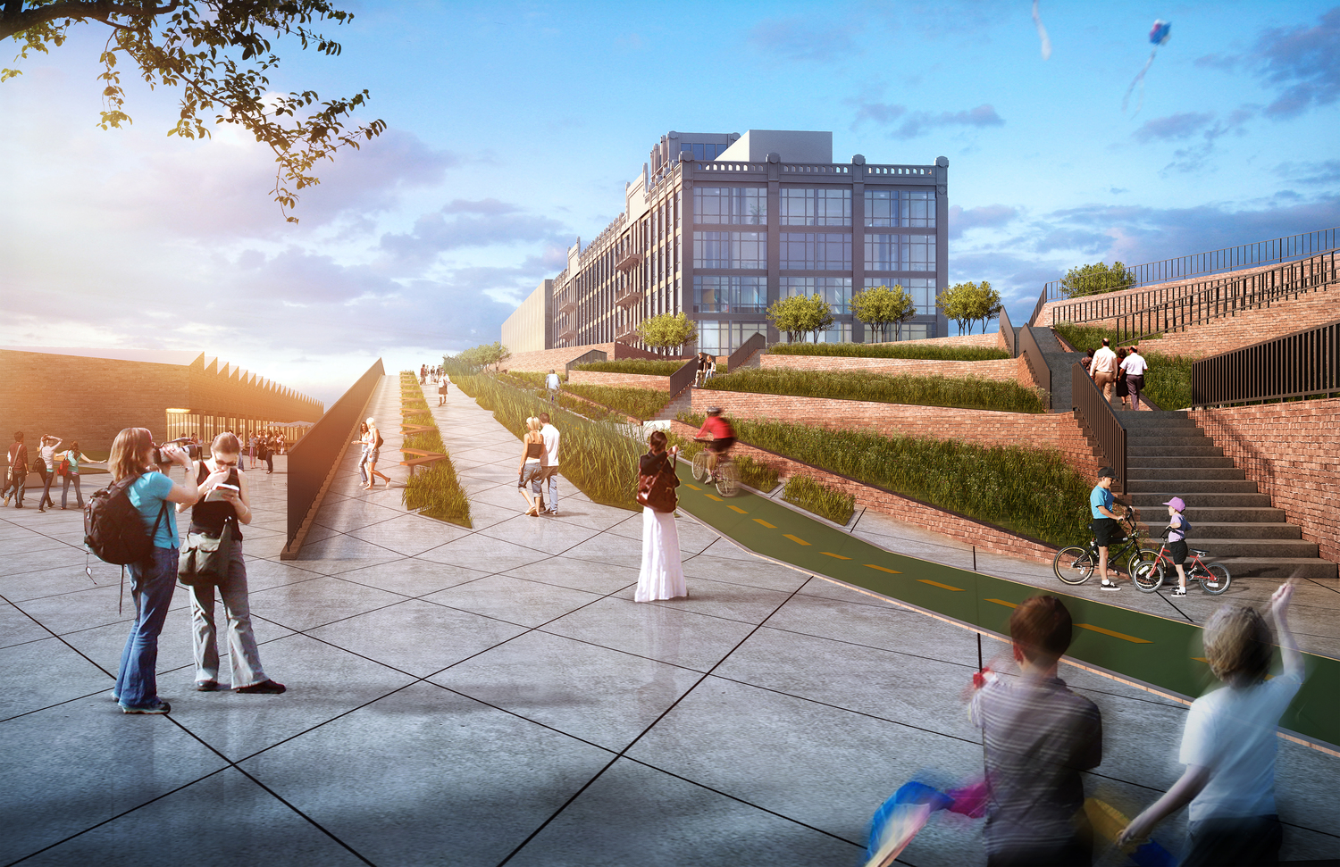Est4te Four's Red Hook office complex and park, rendering by Raft Architects