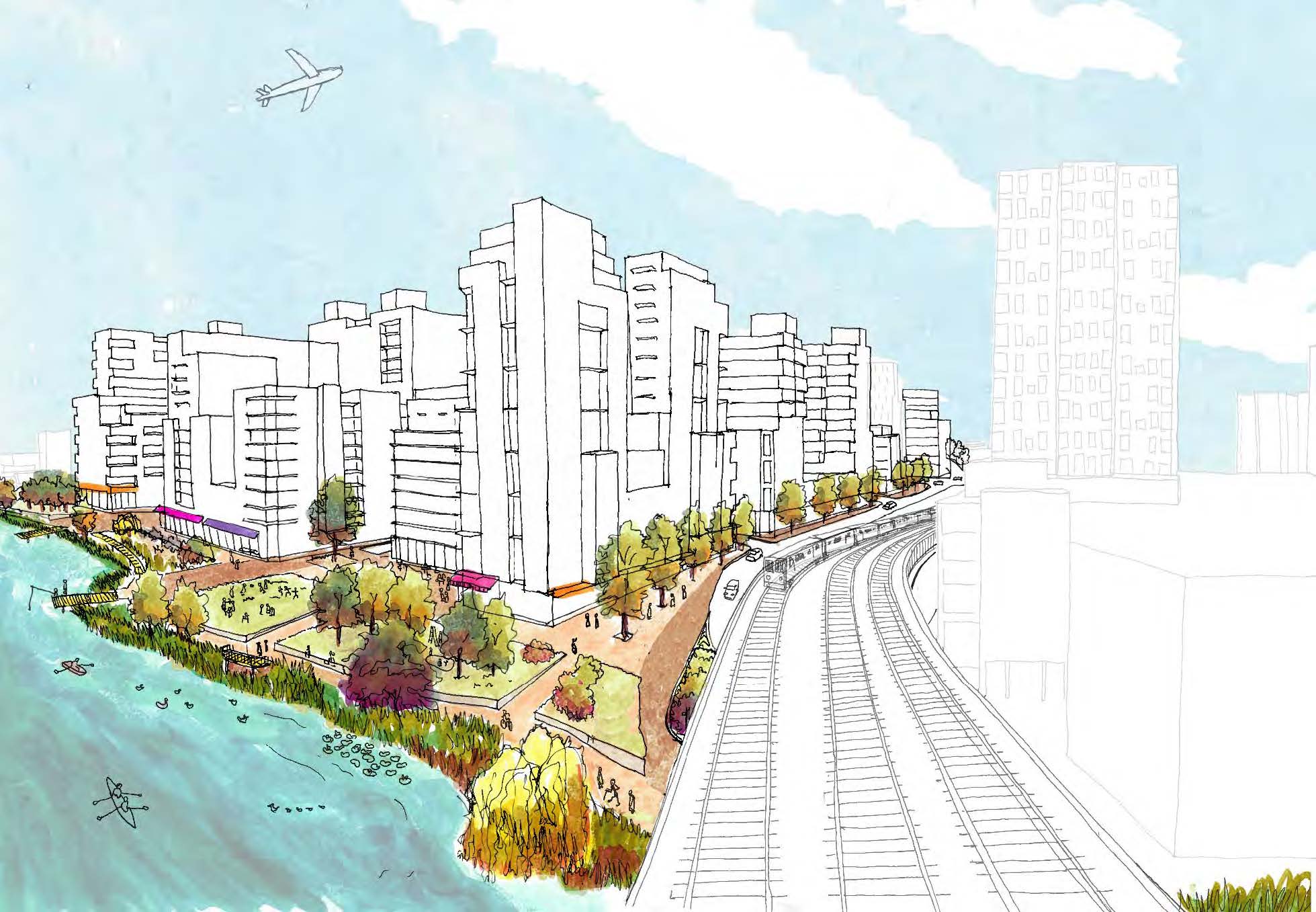 A rendering of the city's vision for Flushing West from the 7 train tracks. image via Department of City Planning
