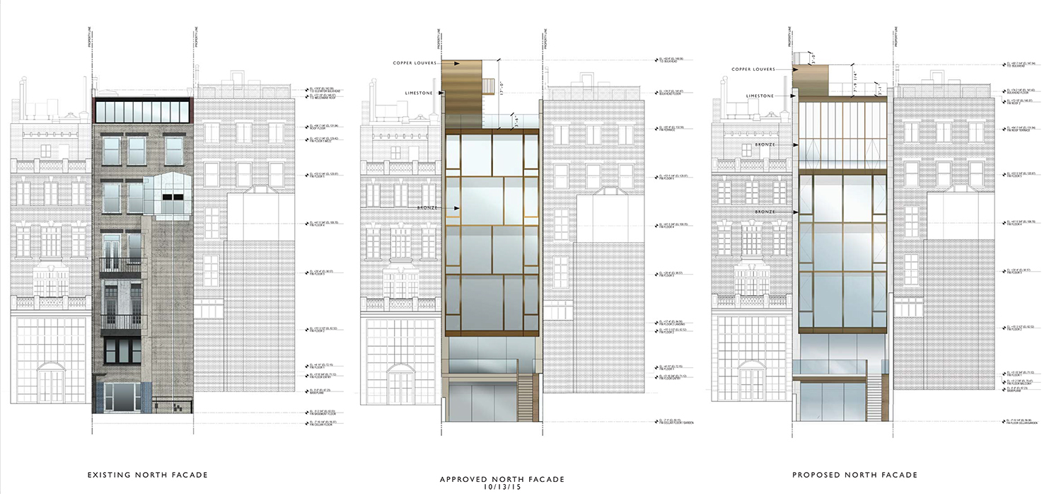Existing, previous proposal, and current proposal for the rear of 39 East 67th Street.