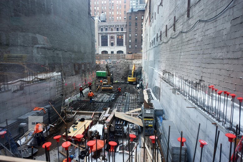 Construction at 242 West 53rd Street, as seen from 52nd Street. Photo by Tectonic.