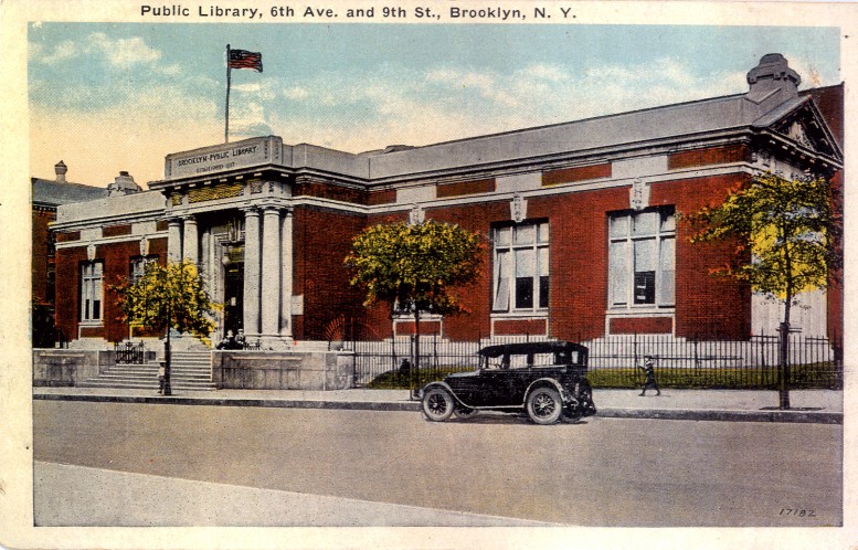 1920s postcard of the Brooklyn Public Library's Park Slope Branch.
