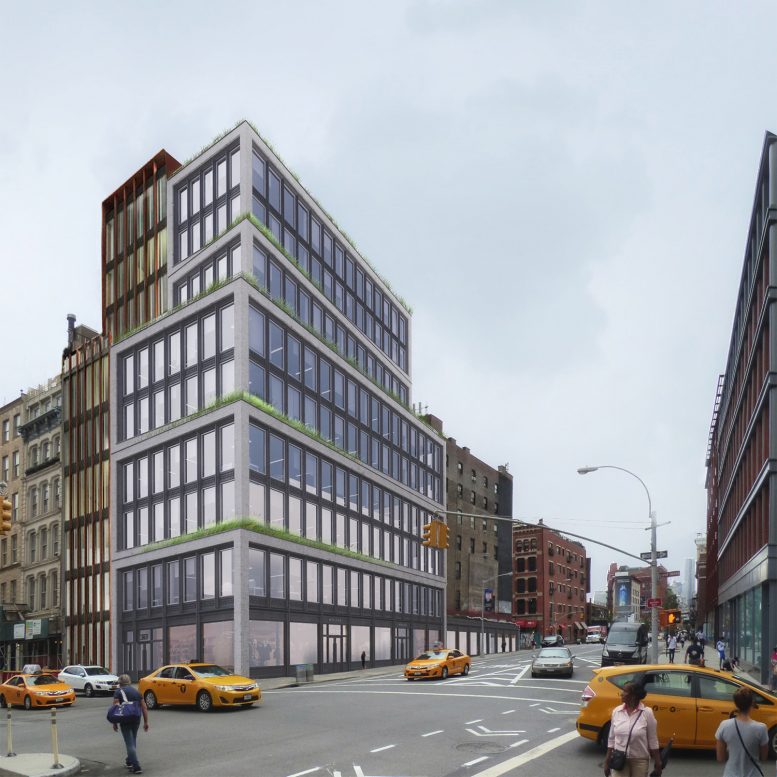Proposal for 363 Lafayette Street by Morris Adjmi, rendered next with a completed 25 Great Jones Street, by BKSK Architects