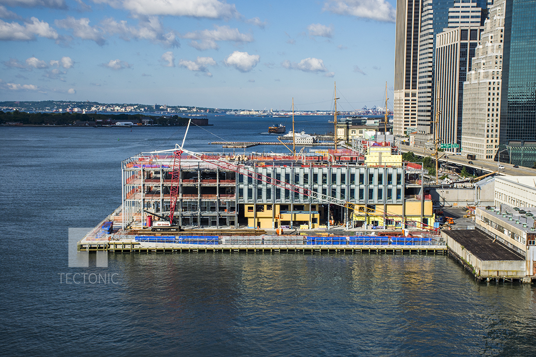Construction at Pier 17 at the South Street Seaport, as seen from the Brooklyn Bridge. Photo by Tectonic