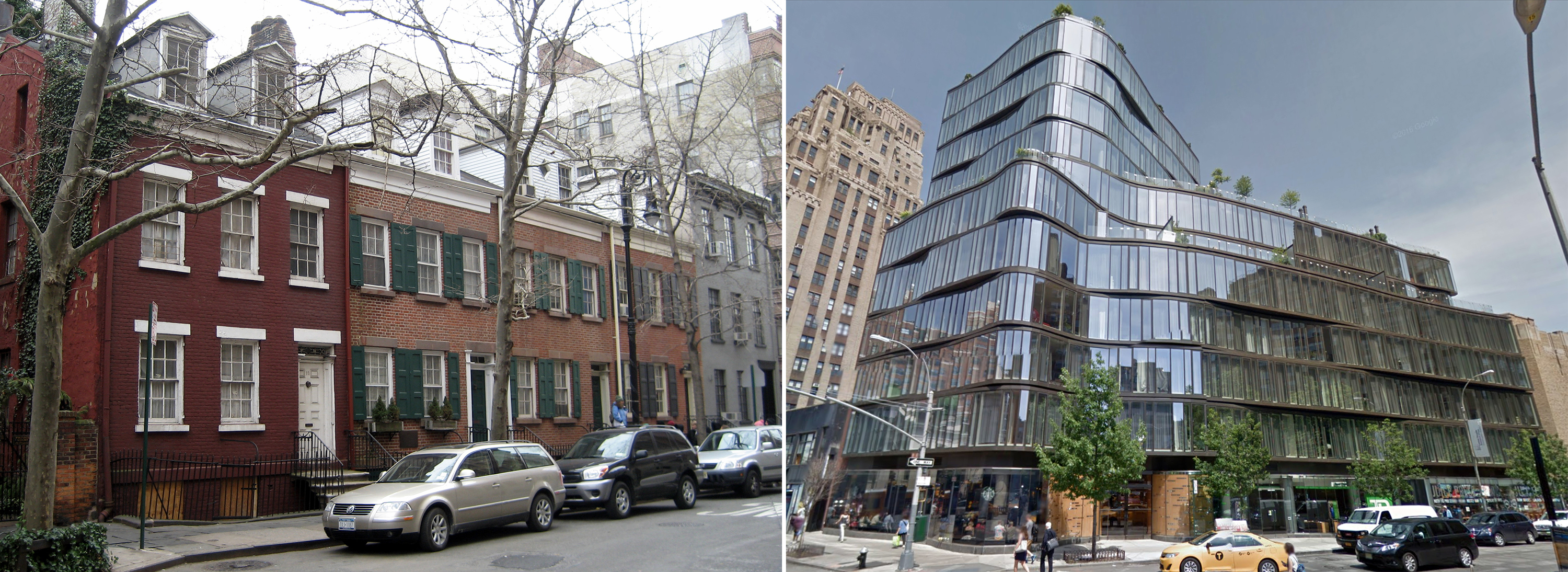 Buildings on Grove Street constructed prior to the designation of the Greenwich Village Historic District, photo by Wally Gobetz/Flickr, and 122 Greenwich Avenue, approved in 2007, photo via Google Maps