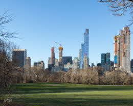 Under construction 53w53 (left) and 111 West 57th Street (right) from across Sheep Meadow, image by Andrew Campbell Nelson