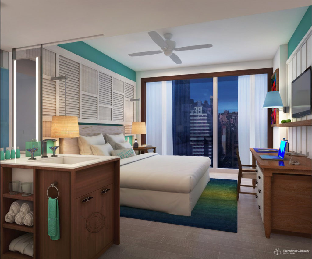 Margaritaville Resort guest room, rendering courtesy The McBride Company