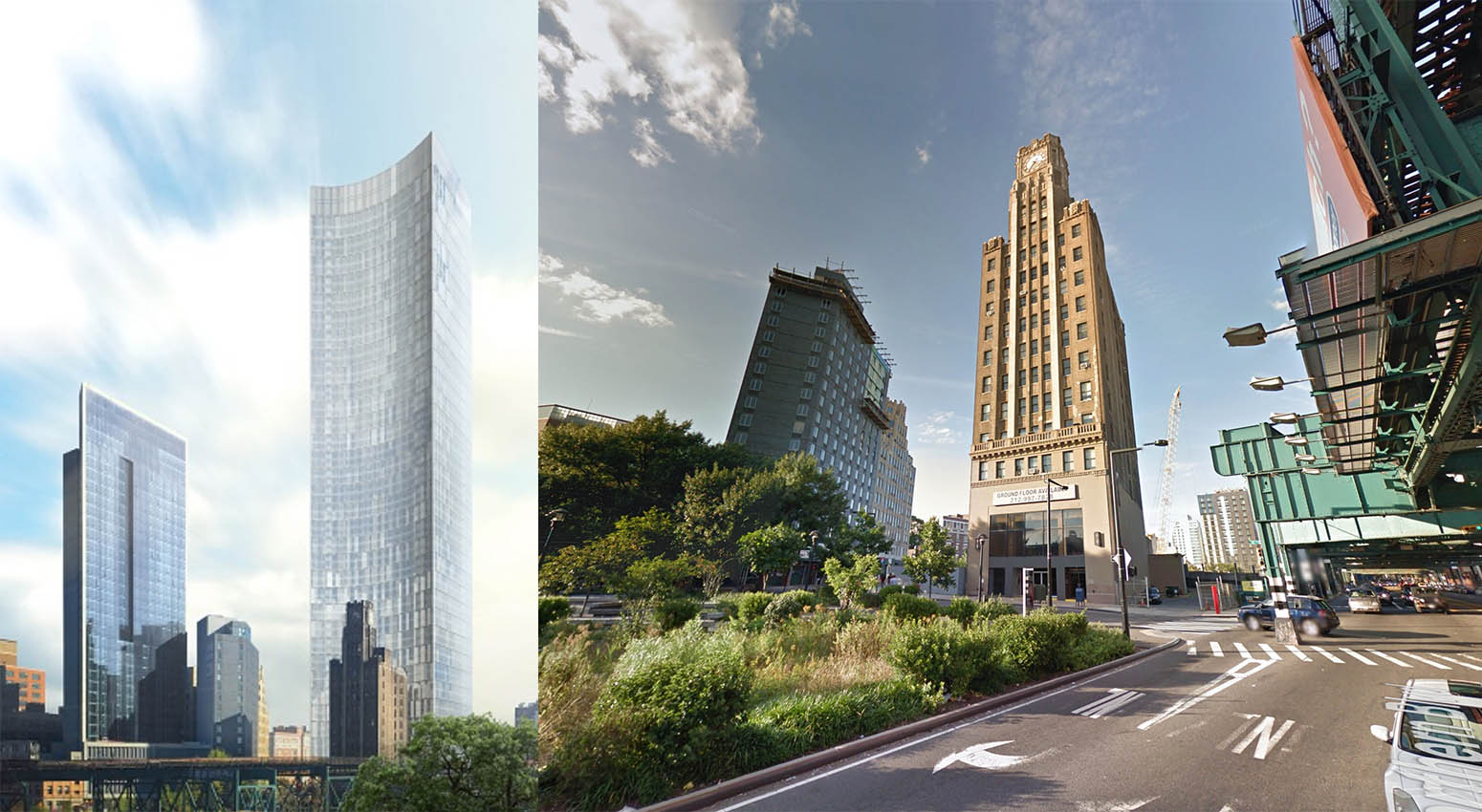 Queens Plaza Park, rendering courtesy the Durst Organization (left) and Long Island City Clock Tower, via Google Maps (right)