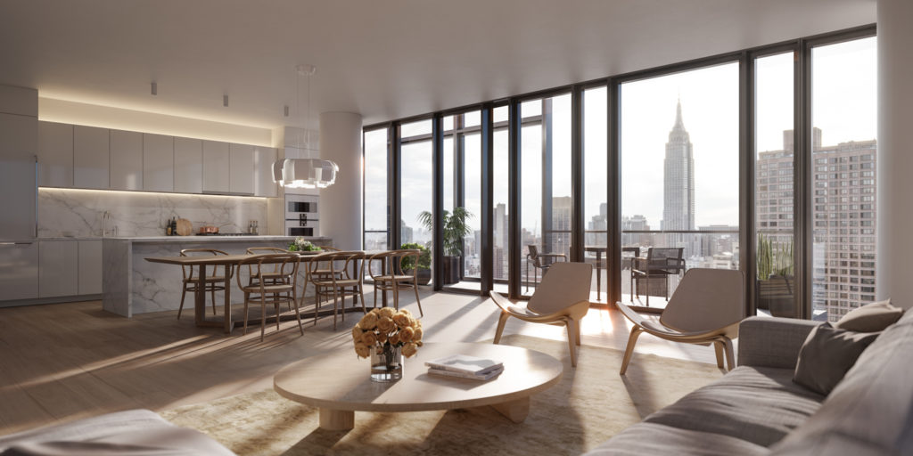 Condominium living room with views of the Empire State Building, 685 First Avenue, design by Richard Meier & Partners Architects
