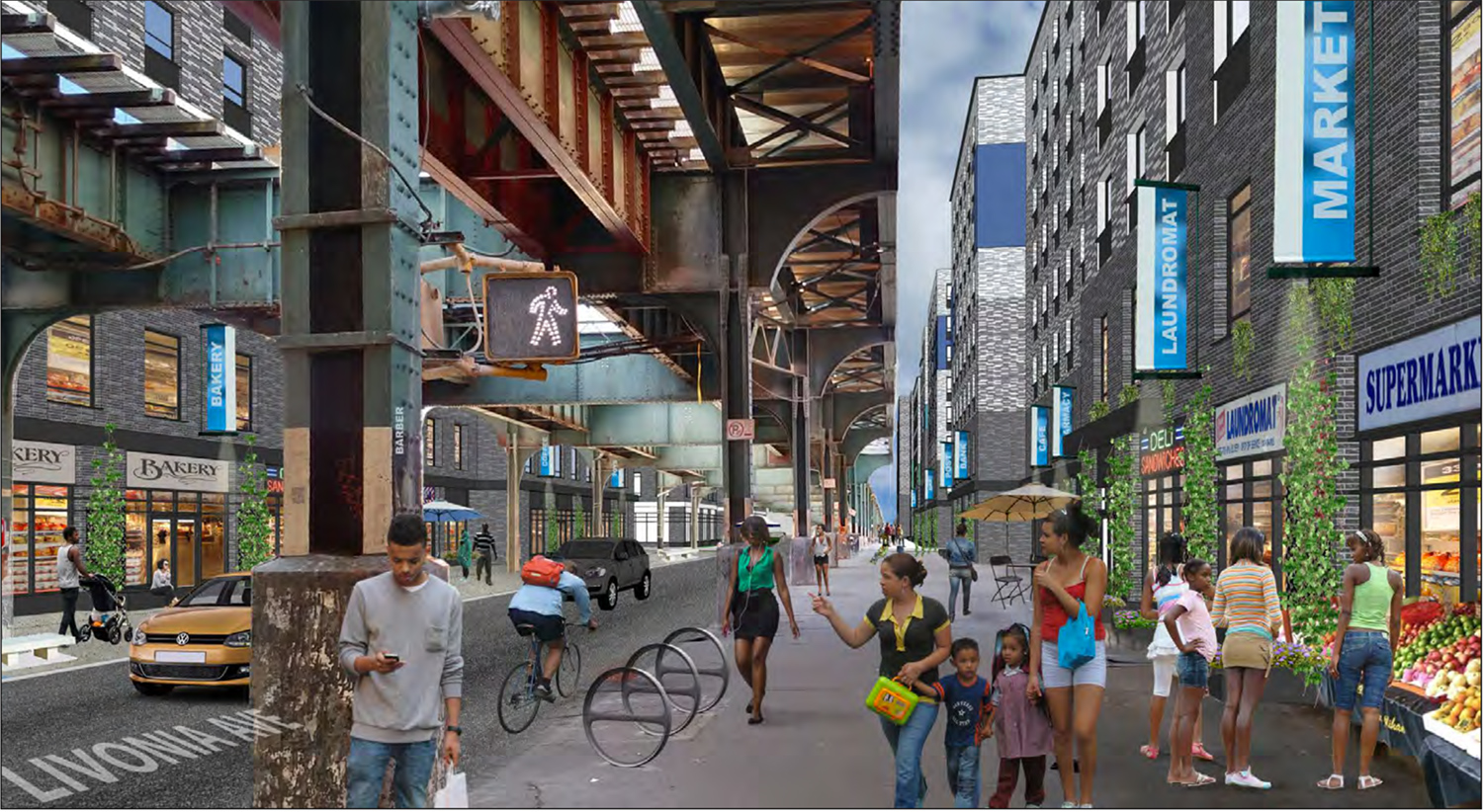 Rendering of street-level retail portions of the "Marcus Garvey Extension" development in Brownsville, Brooklyn
