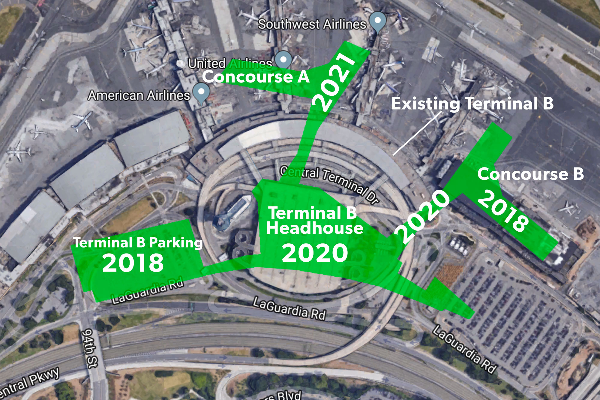 Map of construction phases and estimated completion dates for LaGuardia Terminal B, image by Mike Arnot