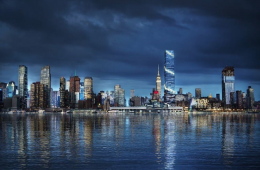 Night rendering of the New York City skyline featuring 66 Hudson Boulevard. Credit: BIG/Tishman Speyer.