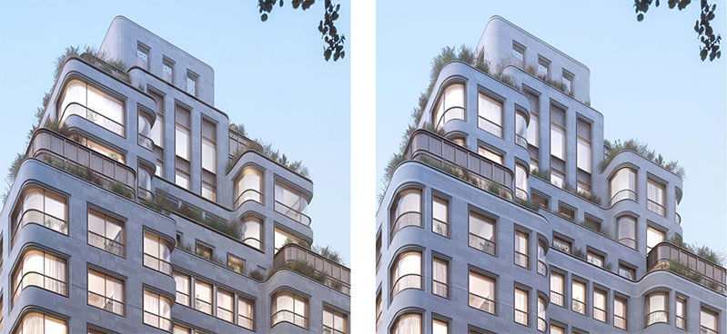 Previously approved rendering (left) and updated rendering (right) of 760 Madison Avenue - COOKFOX Architects