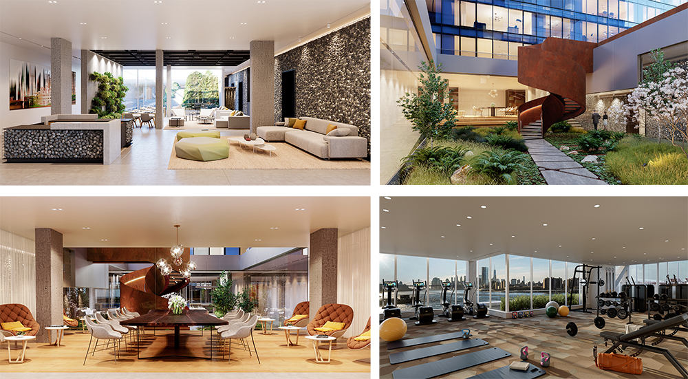 Renderings include the new lobby (top left), a tranquility garden and spiral staircase (top right), quiet lounge (bottom left), and fitness center (bottom right)