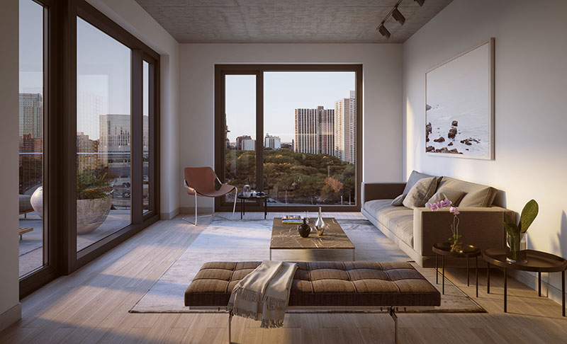 Rendering of residential living room at 98 Front Street (CRAFT)