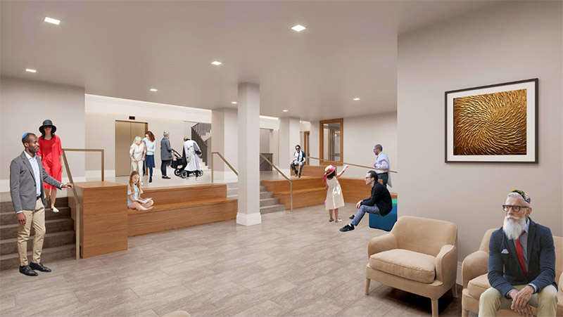 Rendering of expanded lobby areas at Ansche Chesed Congregation - Studio ST Architects