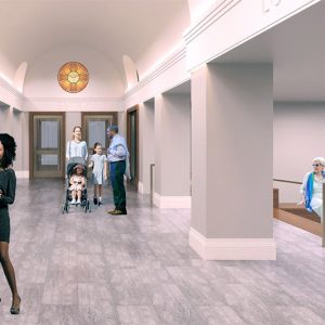 Rendering of expanded lobby areas at Ansche Chesed Congregation - Studio ST Architects