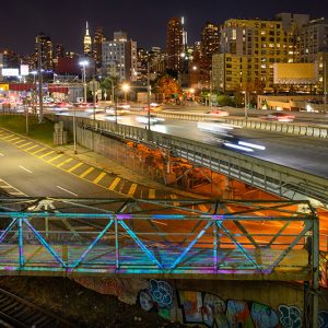 Lighting installation by Chris Jordan seen on the pedestrian bridge (Courtesy of CTC Studio for Related Companies)