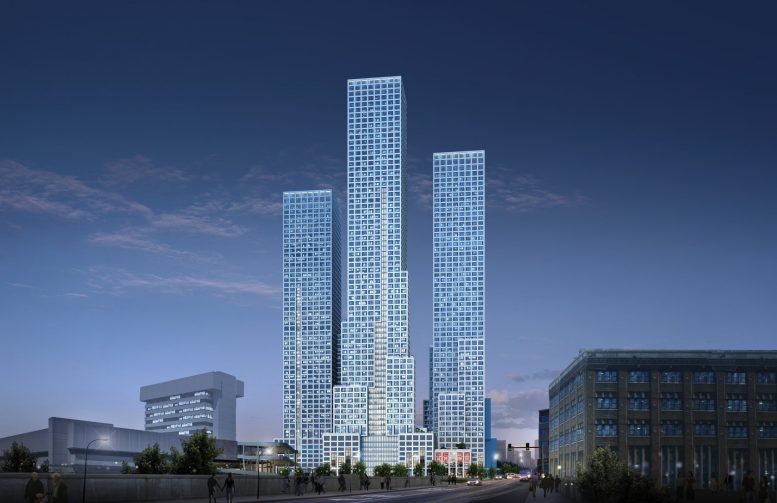 Evening rendering of all three towers at Journal Squared - Courtesy of Qualls Benson